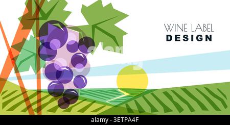 Weinetikett-Design-Vorlage mit Nahaufnahme lila Traubenstrauß und grünen Blättern, Vektorillustration. Minimalistische abstrakte geometrische Weinberglandschaft BA Stock Vektor