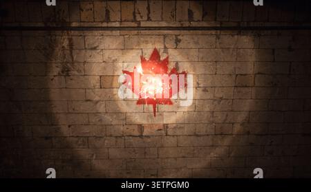 Das Licht leuchtet auf Ahornblättern, gemalt auf Ziegeln in einer alten verlassenen Fabrik. Stockfoto