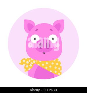 Lustiges Schwein mit einem gelben Bandana um den Hals. Avatar, Porträt, Social-Media-Design. Vektorabbildung isoliert auf weißem Hintergrund. Stock Vektor