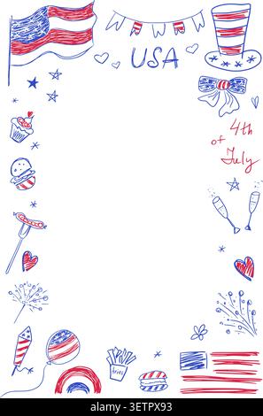 Bannervorlage mit vertikalem Rahmen am 4. juli mit Leerzeichen in der Mitte. Handgezeichnete Kritzelelemente. Amerikanische Symbole wie Flagge, Onkel sam h Stock Vektor