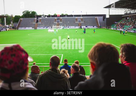 Rückansicht des Fußballs, Fußballfans jubeln ihr Team mit bunten Schals im überfüllten Stadion am Abend an. Konzept von Sport, Unterstützung, Wettbewerb Stockfoto