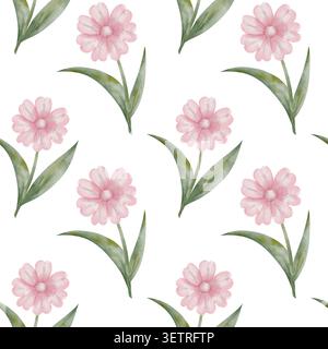 Nahtloses feminines Aquarellmuster mit eleganten rosa Blumen mit grünen Stielen und Blättern auf weißem Hintergrund. Für Kindertagetapeten, Babybekleidung und Textildesigns, botanische Kulisse, Urlaub Stockfoto