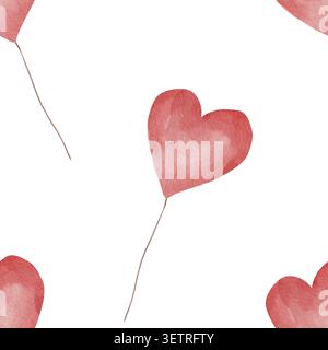Nahtloses Aquarellmuster von roten Herzballons, isoliert auf weißem Hintergrund, Illustration für festliche Tapeten, Partytextilien und romantische Geschenkverpackung, Verpackung Stockfoto