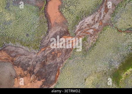 Luftaufnahme eines trockenen Flussbettes und moosbewachsener Vegetationsmuster auf der Mosfellsheiði-Heide in der Nähe von Reykjavík, Island. Stockfoto