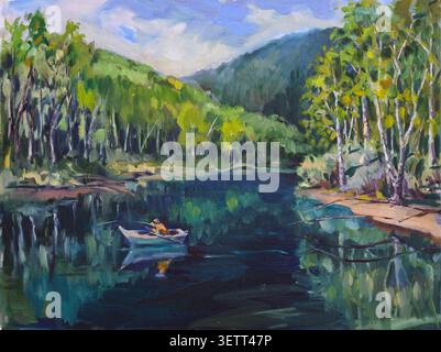 Landschaft mit einem Mann, der von einem Boot aus auf einem ruhigen Fluss, umgeben von dichten Wäldern und Bergen, fischt. Ölgemälde auf Leinwand. Stockfoto