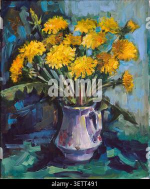 Blumenstrauß blühender Löwenzahn in einem Krug. Ölgemälde auf Leinwand. Stockfoto