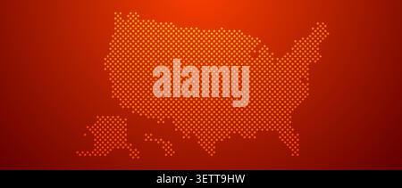 Rot leuchtend gepunktete USA-Karte Konzept. Abstrakte Neon-Silhouette der Vereinigten Staaten von Amerika für Poster, Banner, Broschüre, Flyer, Broschüre, Präsentation. Vektor Kontinent Infografiken Illustration Hintergrund Stock Vektor