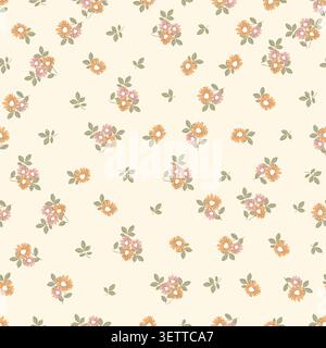 Niedliches nahtloses Muster in Orange und Rosa auf cremefarbenem Hintergrund. Vintage ditsy florale Vektor-Illustration für Retro-Textil, Stoff, Tapete. Stock Vektor