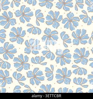 Niedliche blaue Blume Linie Kunst nahtloses Muster auf cremefarbenen Hintergrund. Moderne Hand gezeichnete florale Vektor-Illustration für Textil, Stoff, Tapete, Verpackung. Stock Vektor