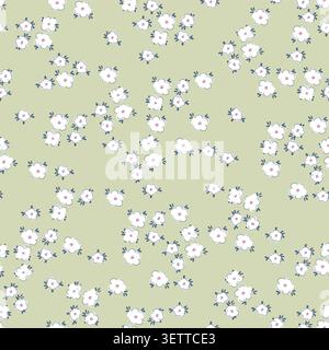 Nahtloser ditsy Blumenmuster Vektor mit kleinen weißen Blumen auf grünem Hintergrund. Niedliche botanische Tapetenillustration aus Cottagecore für Salbei-Stoff. Stock Vektor
