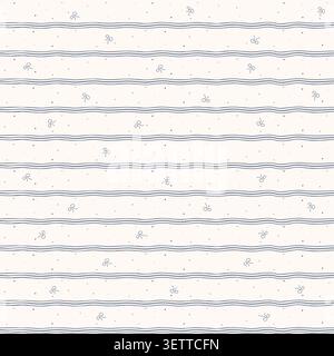Nahtloser Coquette Streifen Muster Vektor mit winzigen Schleife und blauen wellenförmigen horizontalen Linien. Niedliche handgezeichnete Polka Dot Hintergrund Illustration. Stock Vektor