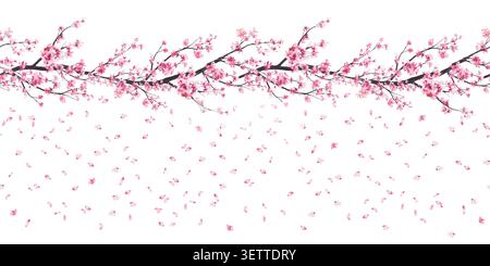 Kirschblüten-Zweige mit fallendem rosa Sakura-Blütenblatt nahtlos umrandet. Handgemaltes Blumenmuster in Aquarellfarben. Illustration des japanischen Frühlings Stockfoto