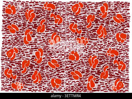 Mehrschichtiges abstraktes Muster organischer Formen. Punktbilder und Kritzeleien in Rot- und Orangetönen. Das Konzept der Mikrowelt, Zellen, Biologie und Textur. Perfekt für Hintergrund, wissenschaftliches Design, Textilien Stockfoto