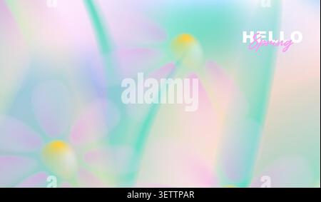 Hallo Frühling Grußkarte Vektor Hintergrund mit traumhaften Pastellrosa und lila Gänseblümchen Blumen, weiche abstrakte Verlauf Bokeh für romantische Saison. Stock Vektor