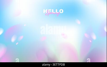 Hallo Frühlingsgrußkarte Vektor-Hintergrund mit Kopierraum, abstrakter weicher blauer Himmel und rosa Kirschblüten Blütenblätter fallen in unscharfes Bokeh. Stock Vektor