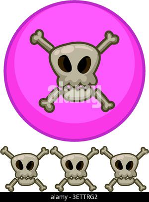 Verspielter Zeichentrickschädel mit gekreuzten Knochen, umrissener Stil, rosa kreisförmiger Hintergrund, flache Vektorillustration Stock Vektor