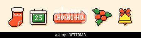 Pixel Art weihnachtliche Elemente. Roter Strumpf, Kalender, HO-HO-HO-Sprechblase, holly Beeren, gelbe Weihnachtsglocke. Stock Vektor