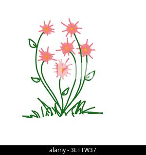 Niedliche handgezeichnete Illustration einer Gruppe rosa Gänseblümchen-ähnlicher Wildblumen mit grünen Stielen, kleinen Blättern und Gras an der Basis. Ein niedlicher Doodle-Style. Stockfoto