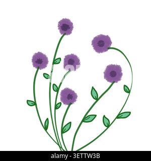 Eine handgezeichnete digitale Illustration von sechs violetten Globus-Amaranth- oder allium-Blüten mit strukturierten runden Köpfen auf fließenden grünen Stielen und Blättern. Stockfoto