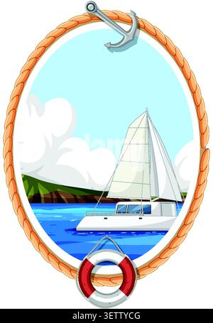Flache Vektor-Illustration eines Katamarans, der in der Nähe von Hügeln in einem nautischen Seilrahmen segelt. Stock Vektor