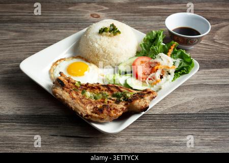Blick auf einen Teller mit gebrochenem Reis und gegrilltem Huhn. Stockfoto