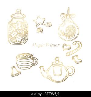 Goldene Vektorelemente mit Magic Winter Text isoliert auf weißem Hintergrund. Die elegante Illustration der Weihnachtslinie zeigt eine handgezeichnete Keksdose Stock Vektor