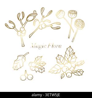 Goldene Vektorelemente mit Magic Flora Text isoliert auf weißem Hintergrund. Die elegante Illustration der Weihnachtslinie zeigt handgezeichnete Mistel Stock Vektor