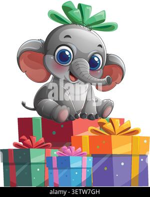 Der entzückende Elefant mit Zeichentrickfilm sitzt auf einem Haufen lebendiger Geschenkboxen, die in Geschenkbänder verpackt sind. Stock Vektor