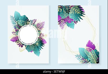 Set aus Grußkarten mit blauen tropischen Blättern Stock Vektor