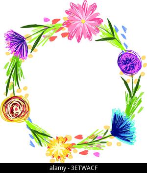 Runder Rahmen mit farbigen, skizzenhaften Blumen und Gras Stock Vektor