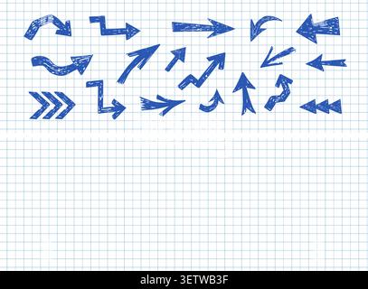 Bleistiftstift Pfeile. Pointer-Symbole mit Pinselstrich und Pinselstrich bg. Schwarzes Retro-Kritzelset. Wellen-, Spiralen-, Kreis- und Kurvenlinien handgezeichnet. Vektorabbildung Stock Vektor