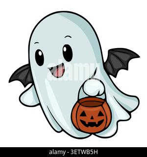 Niedlicher Vektorgeist mit Fledermausflügeln, die einen Jack-o-Laterne Süßigkeiten-Eimer halten, Halloween Illustration Stock Vektor