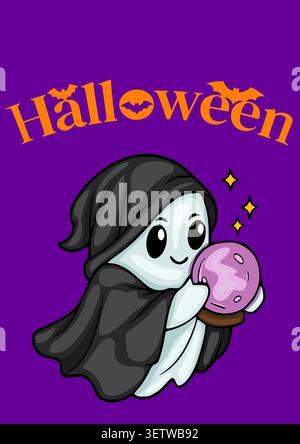 Niedlicher Zeichentrickgeist, der eine Kristallkugel mit „Halloween“-Text und Fledermaus-Vektor-Poster hält Stock Vektor