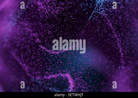 Abstrakter Hintergrund mit violetten und blauen leuchtenden digitalen Partikeln, die Wellenformen bilden. Ideal für High-Tech, künstliche Intelligenz und Big-Data-Visuali Stockfoto