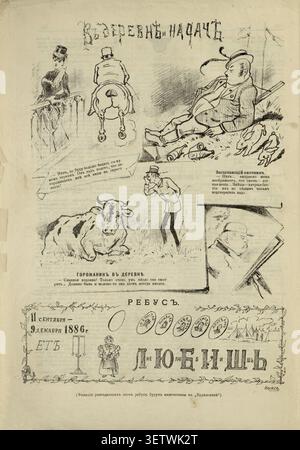 Eine authentische Archivseite aus der wöchentlichen Satirezeitschrift „Budilnik“, August 1886. Der Schwarzweiß-Druck zeigt detaillierte Karikaturgrafiken mit dem Titel „in the Village, at the Dacha“. Die oberen Abbildungen stellen eine ländliche Erholung dar und zeigen eine Frau, die während des Reitens von der Größe ihres Mannes genervt war, und einen schlafenden Jäger, umgeben von leeren Flaschen. Der mittlere Comic zeigt einen Stadtbewohner, der eine Kuh untersucht, während der untere Teil ein komplexes visuelles Rätsel mit dem Titel „Rebus“ präsentiert, das mit Blumenmustern, Schriften und historischen Daten aus dem Jahr 1886 verziert ist. Es bietet ein SHA Stockfoto
