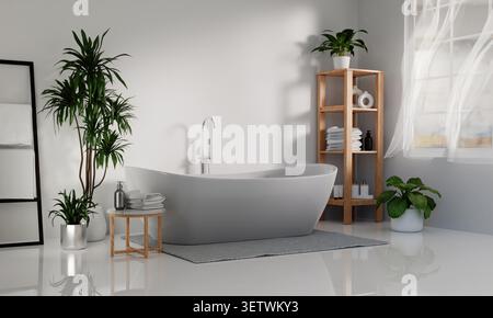 Ein stilvolles Bad mit moderner Badewanne und lebhaftem Grün schafft eine perfekte Wellness-Umgebung. Stockfoto
