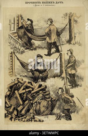 Eine authentische Archivseite der russischen Wochenzeitschrift Budilnik, 1892. Der schwarz-weiße Comic mit dem Titel „The Dauerhaftigkeit of our Datschas (Drama in 3 Akten)“ satirisiert die schlechte Bauqualität von Landhäusern. Die Tafeln zeigen einen schweren Gentleman, der einen Hängematten-Haken in einen hölzernen Verandapfosten fixiert. Während er darin sitzt, scheitert die gesamte architektonische Struktur. Die letzte Szene zeigt einen kompletten Zusammenbruch, der den Urlauber unter einem riesigen Stapel von Holzbalken und kaputten Möbeln begräbt. Es liefert eine scharfe Kritik an den Immobilienstandards des 19. Jahrhunderts. Stockfoto