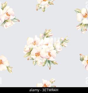 Kleine Weiße Blumen Nahtloses Muster Pfirsichapfelblüte Blüte Blüte. Aquarell Hand gezeichnete florale Illustration isoliert auf blauem Hintergrund Heimtextil Stockfoto