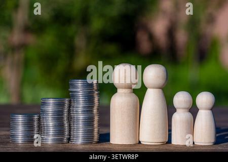 Drei steigende Stapel Silbermünzen neben einer symbolischen vierköpfigen Holzfamilie. Konzeptbild für Familienbudget, Sparen, Hypothekenplanung und f Stockfoto