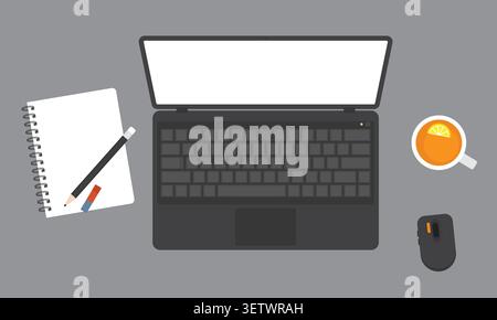 Top-Down-Ansicht des minimalistischen Arbeitsbereichs mit schwarzem Laptop Stock Vektor
