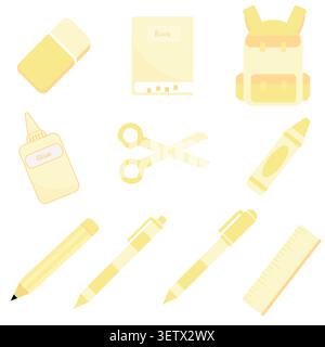 Eine Sammlung fröhlicher, zitronengelber Schreibwaren, darunter ein Studentenrucksack, ein Notizbuch, eine Schere, einen Stift, einen Stift, einen Stift, und Lineal. Ideal für helle educ Stock Vektor