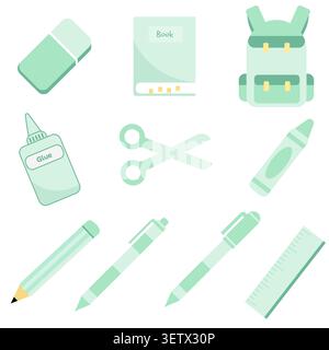 Frische, mintgrüne Clipart-Kollektion für Studenten. Ideal für umweltfreundliche Bürokonzepte, elementare Lernmaterialien und sauberes Gemüse Stock Vektor