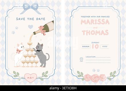 Nette pastellfarbene Hochzeitseinladungskarte Vorlage mit einer weißen und grauen Katze gießen Champagner Turm, Vektor-Illustration für speichern das Datum Ansagen Stock Vektor