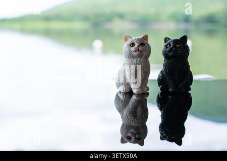 Chiang Mai, Thailand - 22. Juni 2026 : Weiße und schwarze Katzenfiguren sitzen zusammen auf reflektierender Oberfläche mit Reservoir und grünem Berggrund Stockfoto