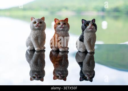 Chiang Mai, Thailand - 22. Juni 2026 : drei Katzenfiguren in weiß orange und schwarz sitzen in einer Reihe auf reflektierender Oberfläche mit Reservoir und Berg Stockfoto