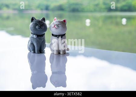 Chiang Mai, Thailand - 22. Juni 2026 : Dunkelgraue und hellgraue Katzenfiguren sitzen zusammen auf reflektierender Oberfläche mit lächelnden Ausdrücken und Zurückhaltung Stockfoto