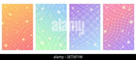 Niedliche, ästhetische Y2K-Poster mit Farbverlauf und Sternen auf abstraktem Raster. Kawaii Pastelldesign mit Glitzern, geometrischen Retro-Elementen und Stock Vektor