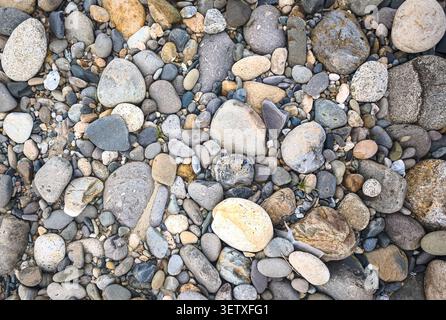 Natürlicher Kieselsteinhintergrund mit verschiedenen glatten Flussfelsen und Kies-Textur, Top View abstraktes Naturmuster Stockfoto