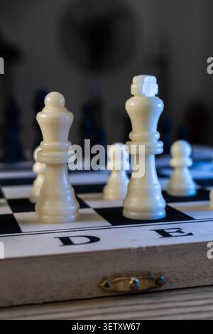 Weiße Schachfiguren an Bord mit geringer Tiefe des Feldes Stockfoto