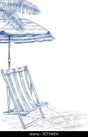 Eckrahmen der Chaiselongue, Sonnenschirm, Palmblätter auf dem Sand. Handgefertigte Tinte Illustration. Für die Gestaltung von Karten, Umschlägen, Ausdrucken und Produkten Stock Vektor